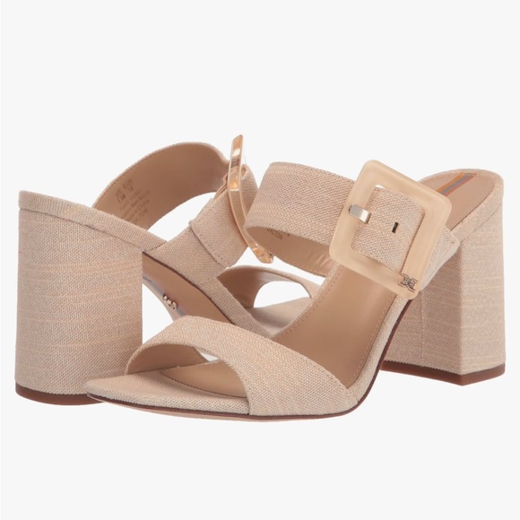 Sam Edelman Dalton Block Heel Sandal Sand Metallic Linen Square Toe Slide Size 7 - Picture 5 of 8